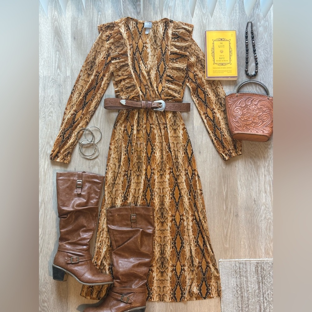 ASOS Brown & Tan Snake-Print Long Sleeve Maxi Dress